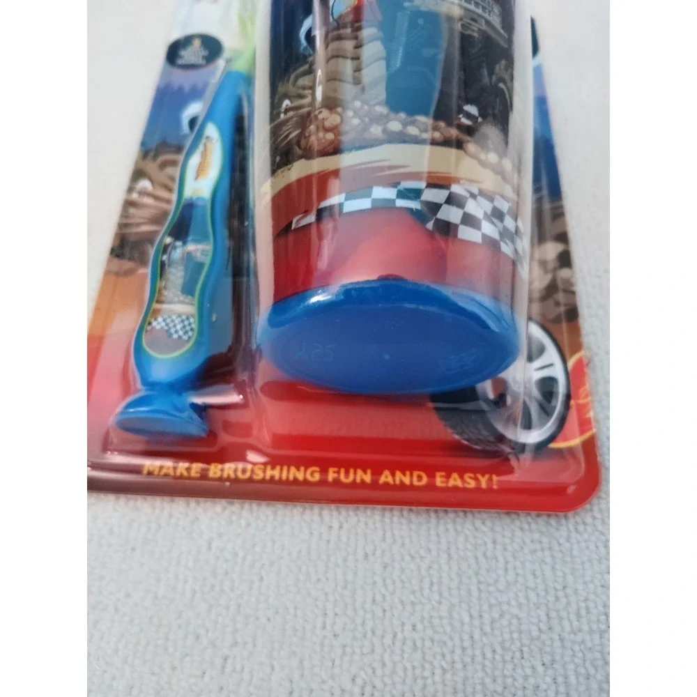 Monster In My Garage Kids Toothbrush Set Soft Nylon Bristles Cup Cap Blue Green